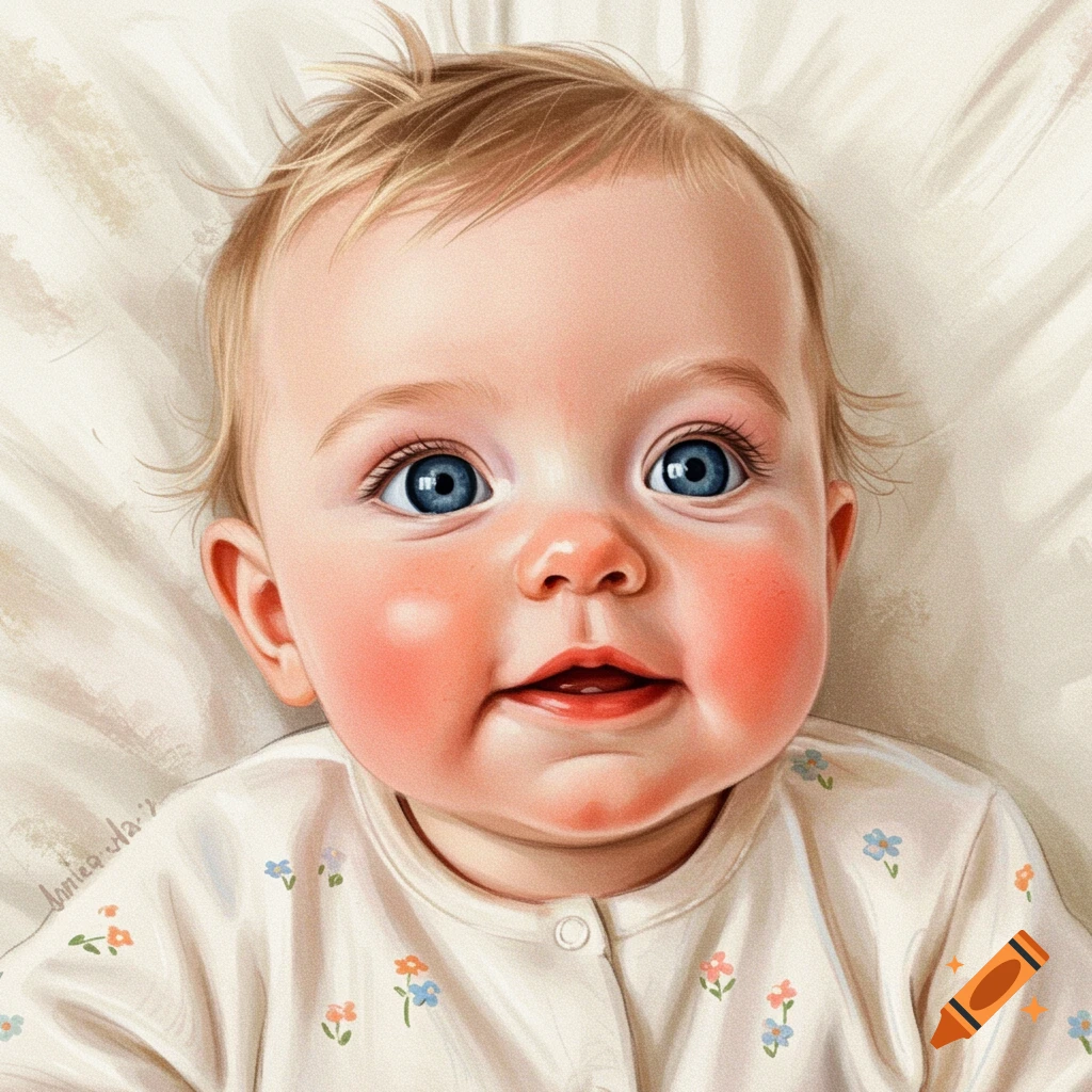 Close-up illustration of a smiling baby with blue eyes