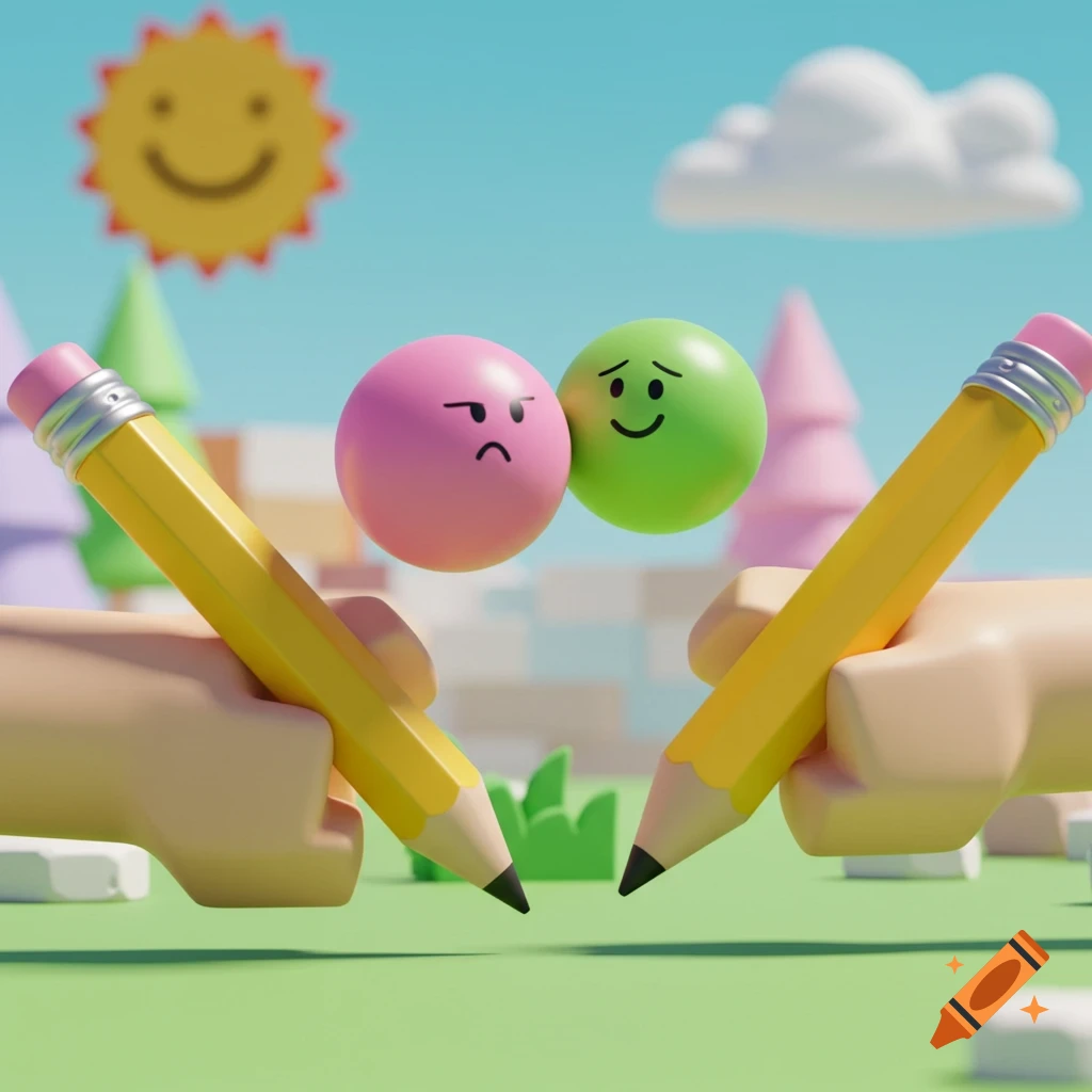 Two hands with pencils hitting balls with faces in a cartoon landscape, animation style