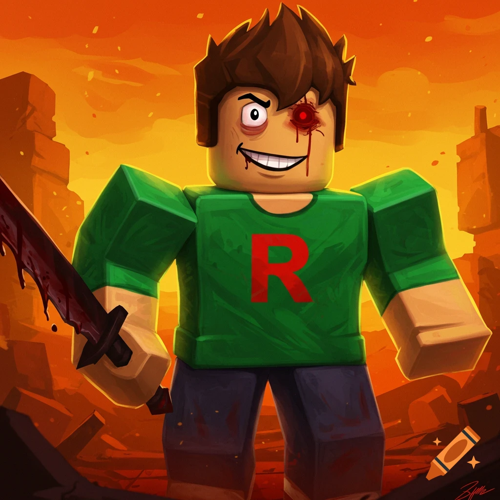 Roblox character in red hoodie and pants holds a sword with glowing red ...