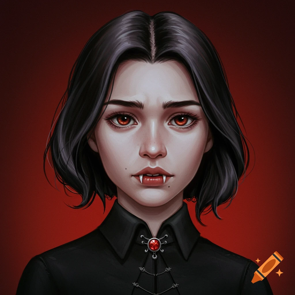 Illustration of a young vampire woman with short dark hair, red eyes, and fangs wearing a black shirt.