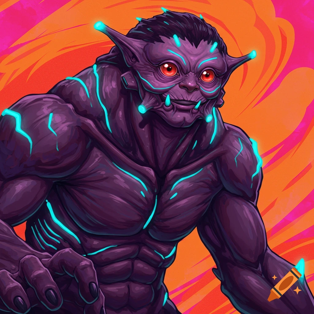 Stylized purple monster with glowing blue markings and red eyes, leaning forward with claws extended.