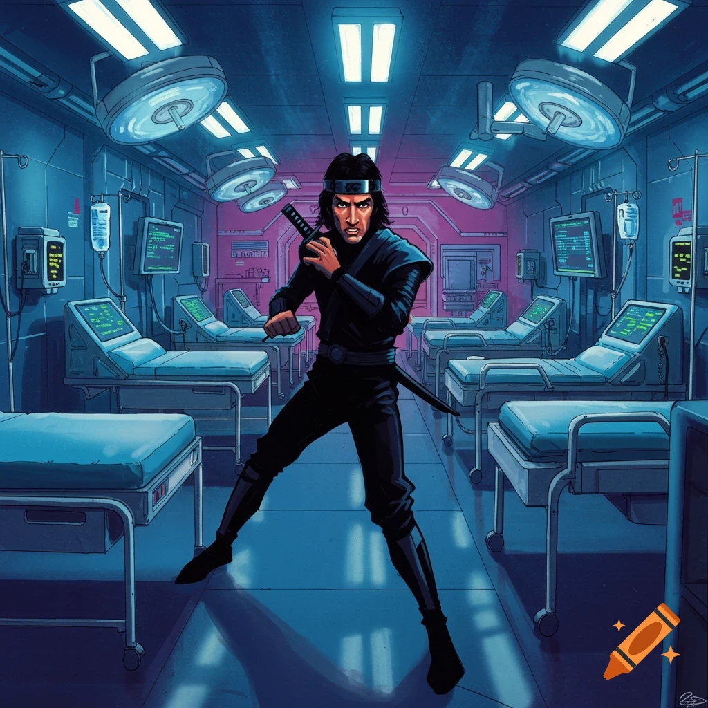 80s Star Wars style movie poster with ninja, hospital beds, and computers