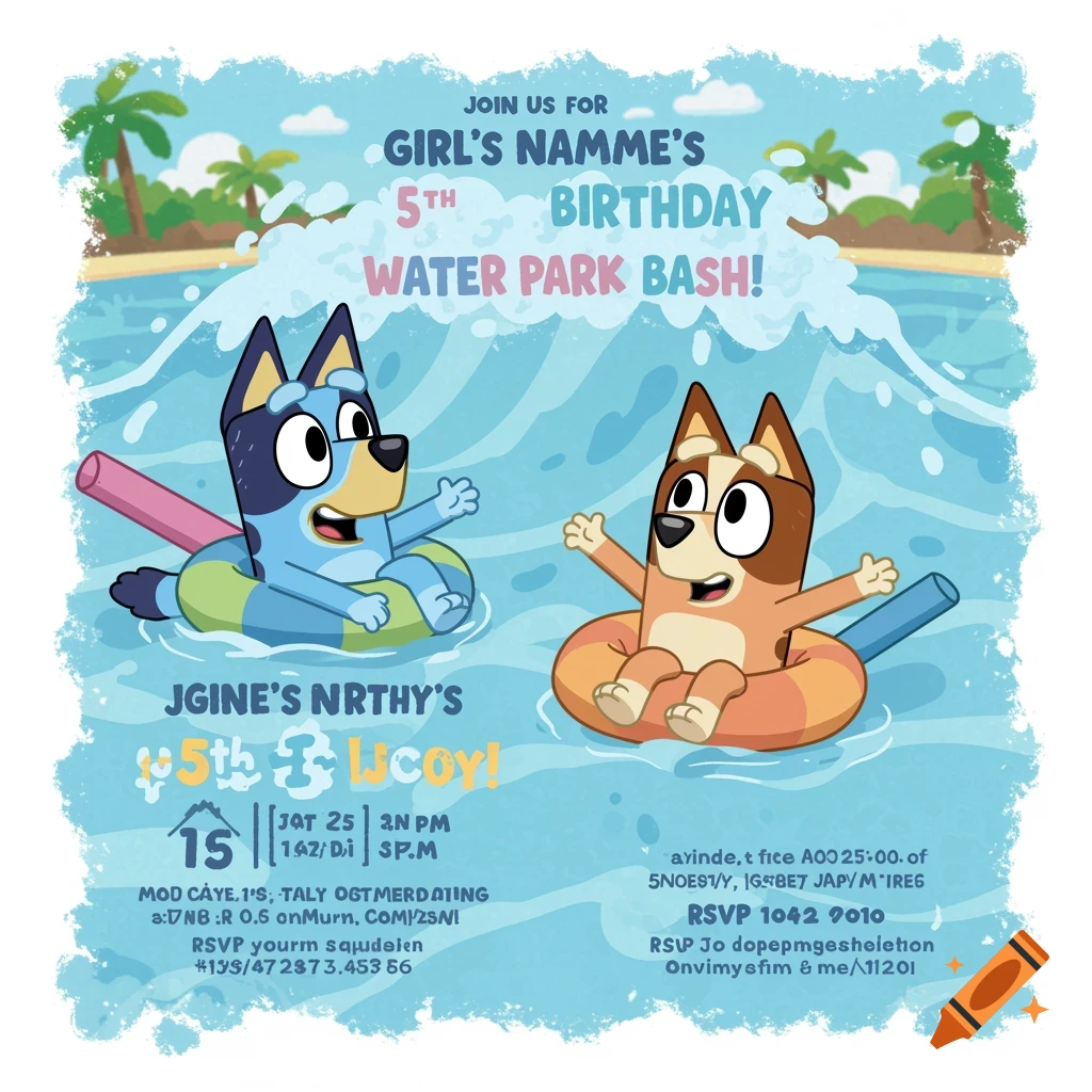 Bluey themed 5th birthday party invitation with water park theme