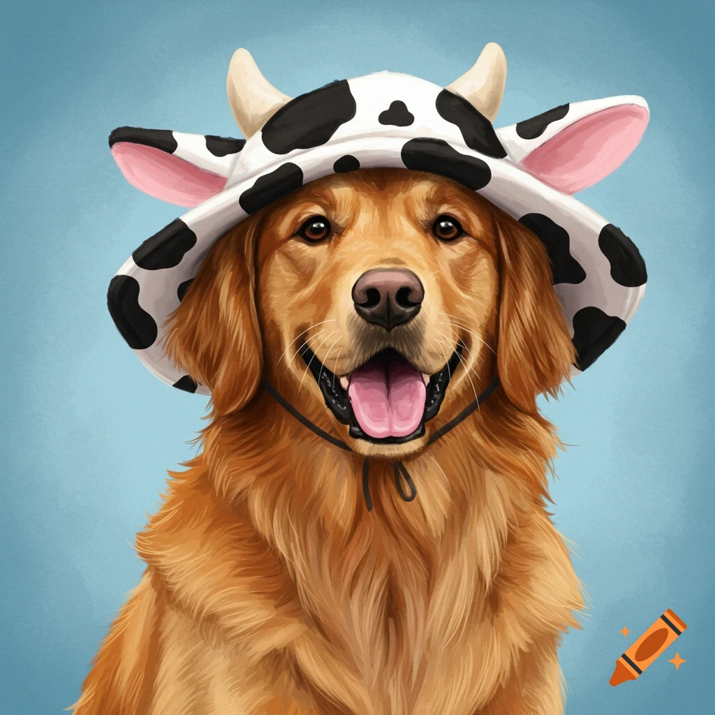 Dog with cow hat