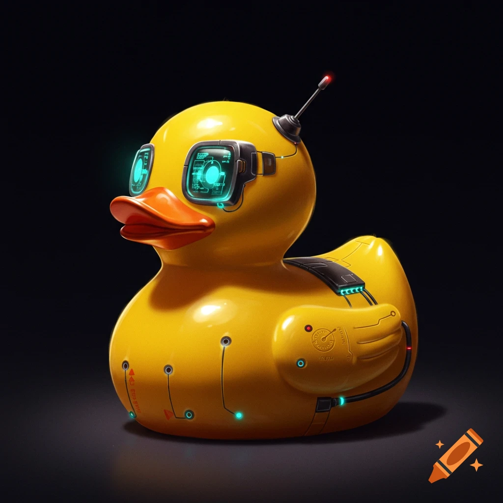 A yellow rubber duck is depicted with cybernetic enhancements including glowing goggles and robotic components.