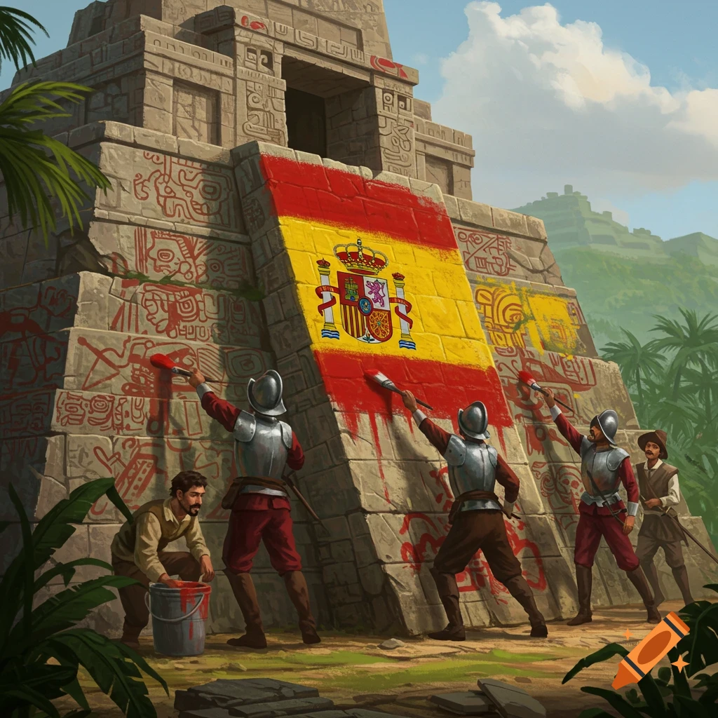 Illustration of Spanish conquistadors painting a Spanish flag onto an ancient temple.