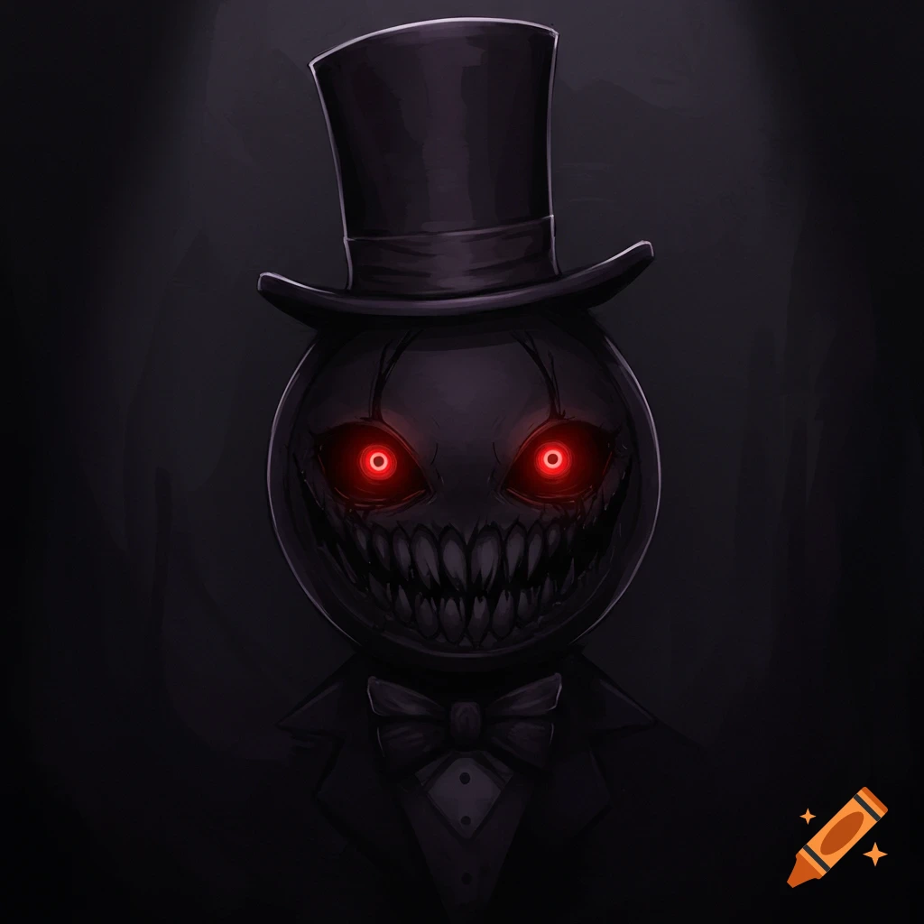 A dark, round creature in a top hat and suit with glowing red eyes and sharp teeth.