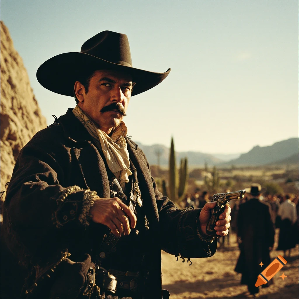A man in a cowboy hat and coat holds a gun in a desert landscape with people in the background, photorealistic style.