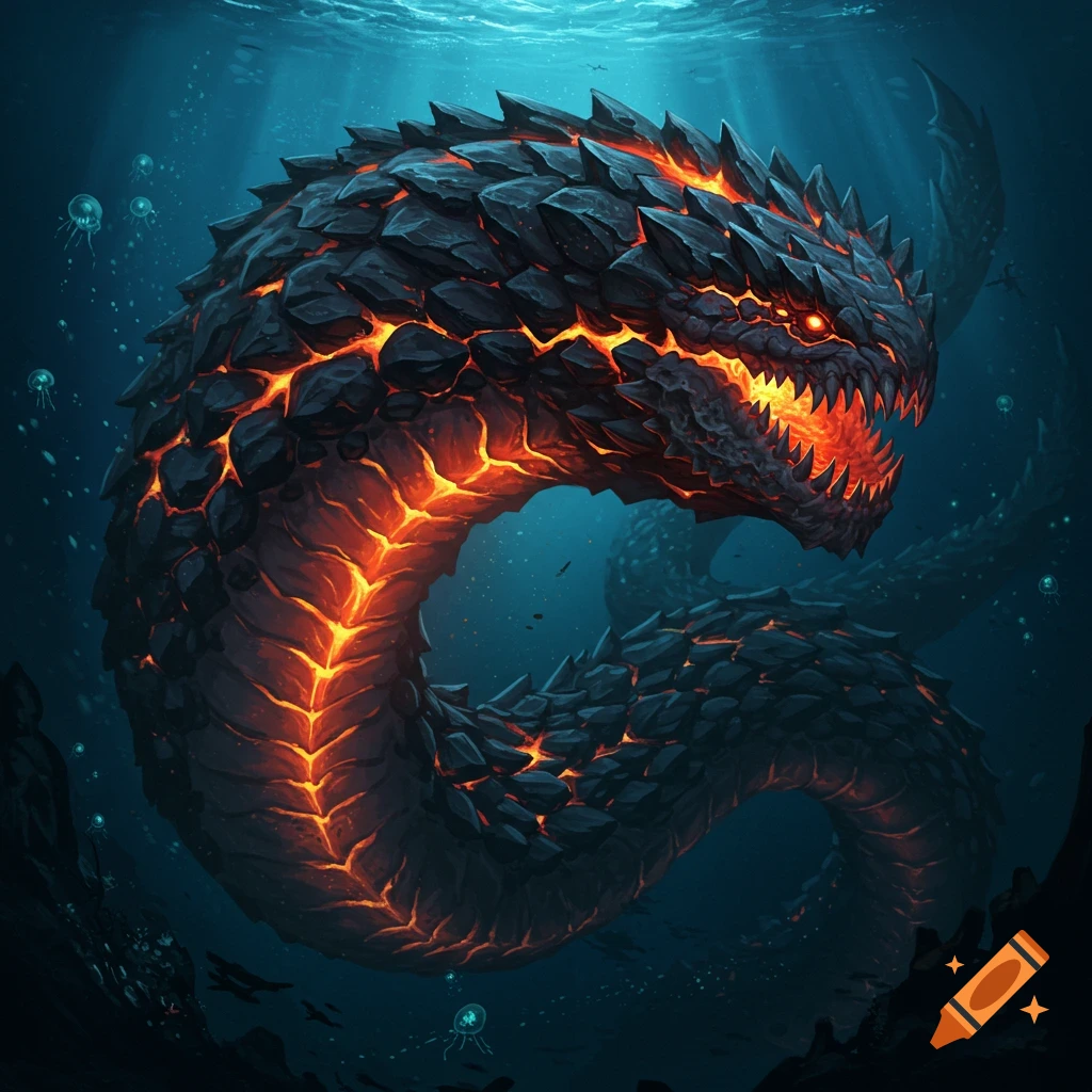 A giant leviathan made of lava rock glows with orange light underwater, its eyes burning red.