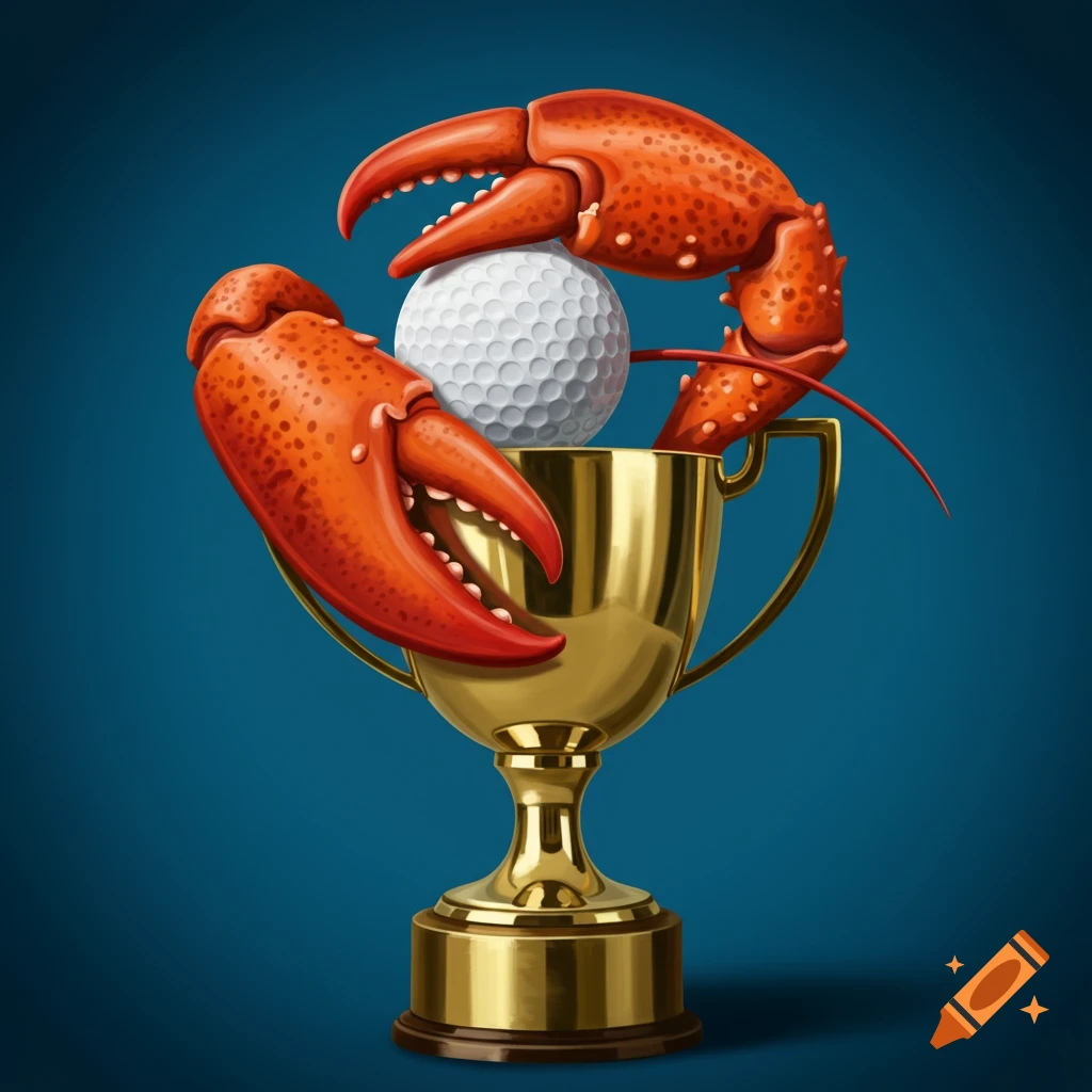 Illustration of lobster claws holding a golf ball over a gold trophy.