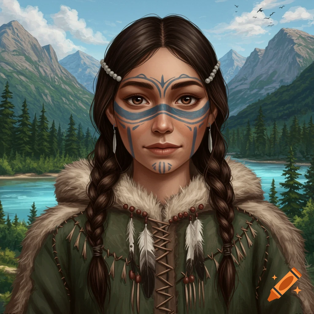 Portrait of a young woman with tribal face paint and braids, wearing a fur-lined coat, in a mountainous forest landscape.