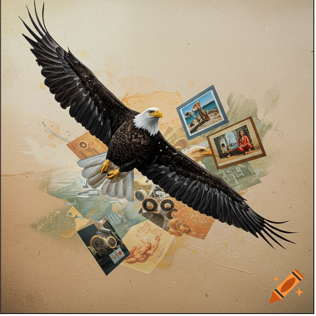 realistic bald eagle flying over an abstract world with 3D elements