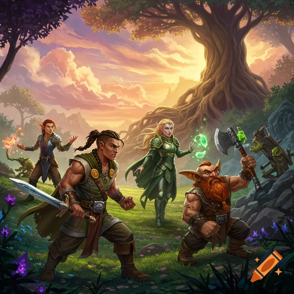 A diverse group of fantasy characters including elves, a dwarf, and a human stand ready for action in a magical forest landscape at sunset.