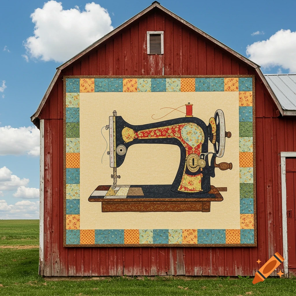A large quilt with a vintage sewing machine design hangs on the side of a red barn.