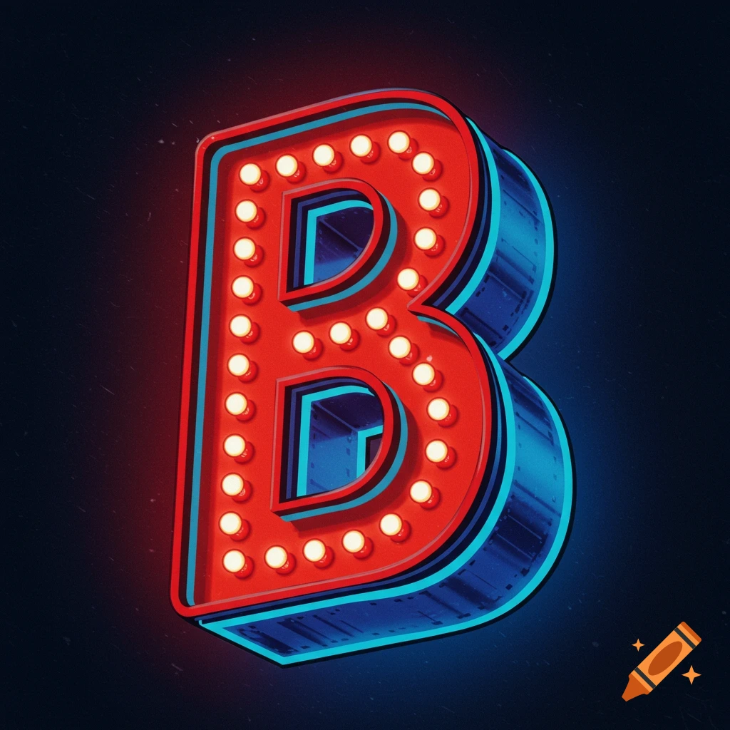 A retro red and blue marquee letter B with lights.