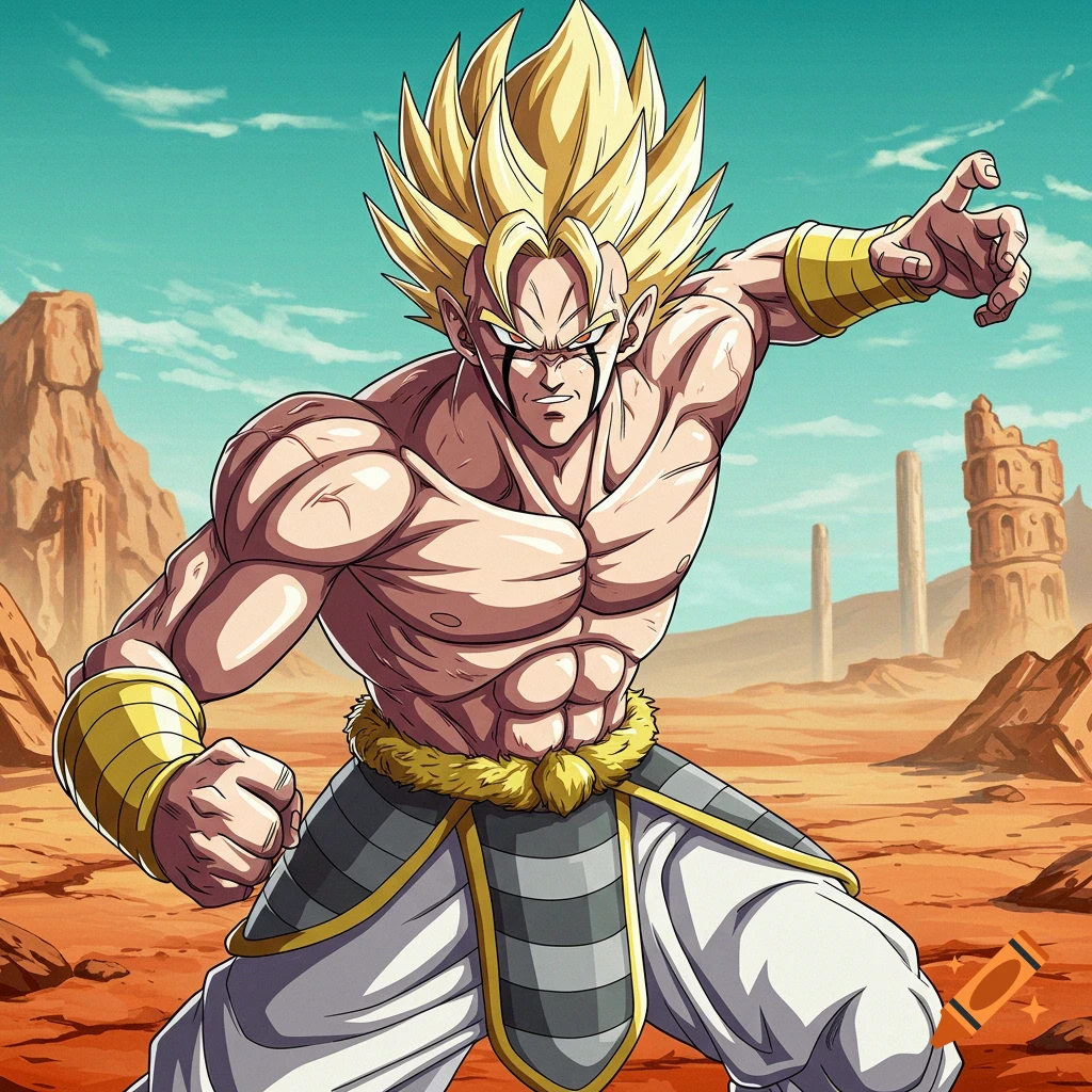 Anime character with spiky blonde hair pointing forward in a desert, manga style.