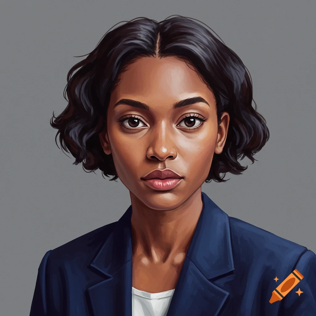 A portrait of a woman in a dark blue blazer in an illustrative style.