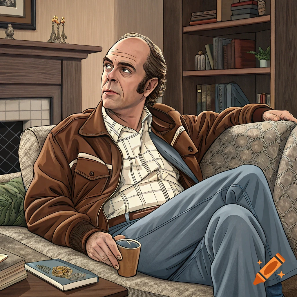 A stylized illustration of a man resembling Mr. Lahey sitting on a couch in a living room, holding a cup.