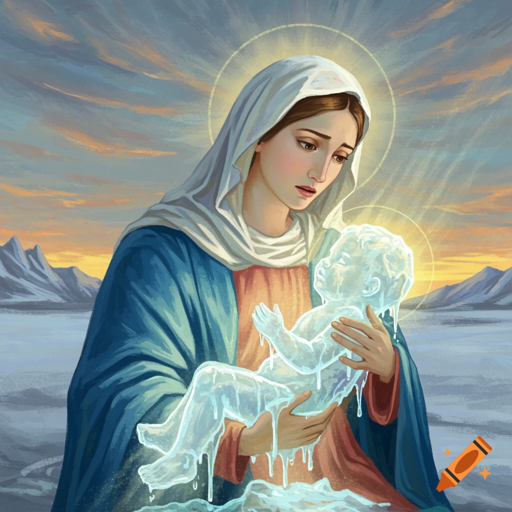 Mary holds a melting child made of ice in a snowy landscape under a cloudy sky.