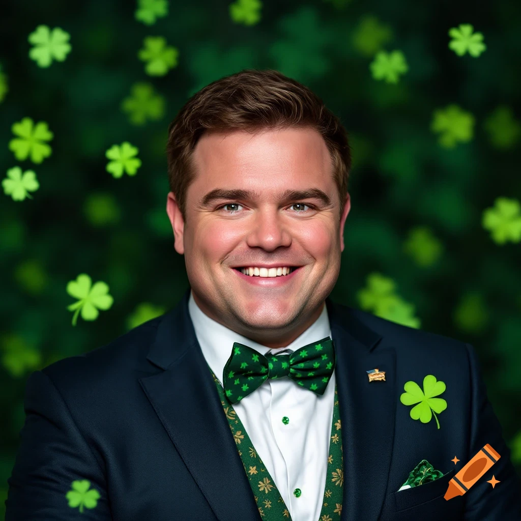 A man in a suit and green shamrock bow tie smiles in front of a green background with shamrocks.