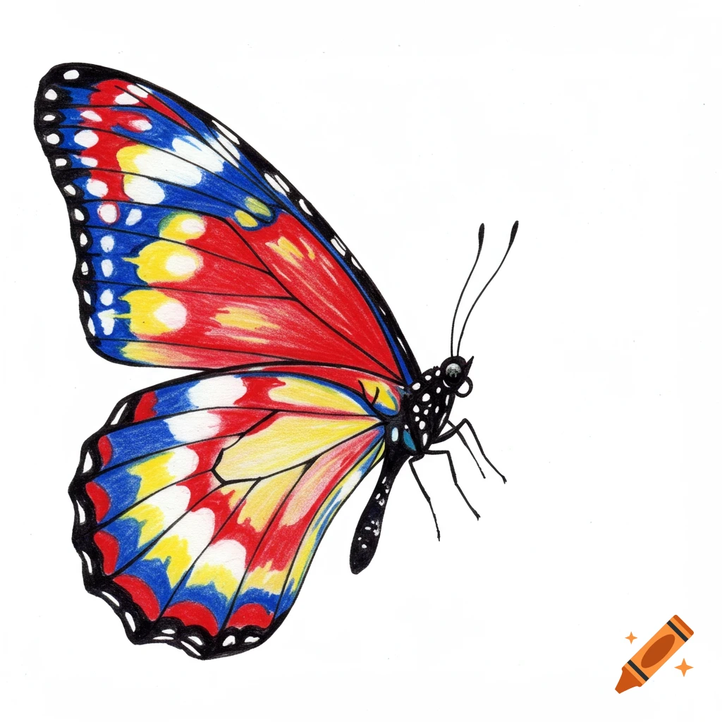 A vibrant drawing of a butterfly with red, blue, and yellow wings on a white background.