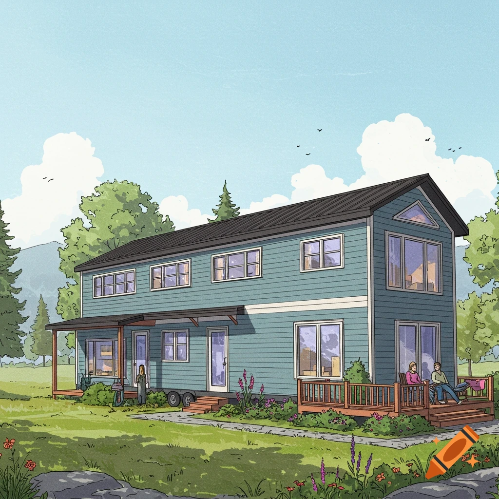 A two-story tiny house in a landscape, drawing style.