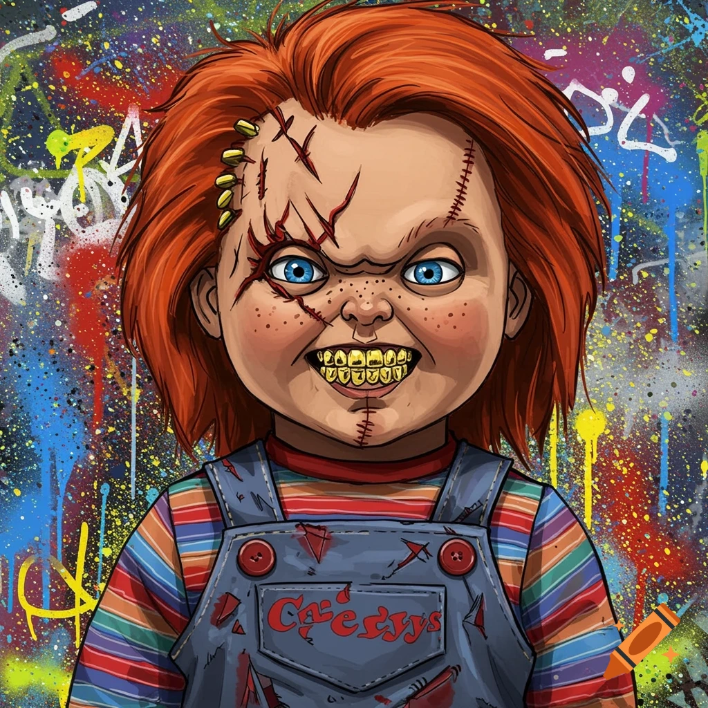 Stylized illustration of Chucky doll with gold teeth, stitched face, wearing overalls, against a splatter paint and graffiti background.