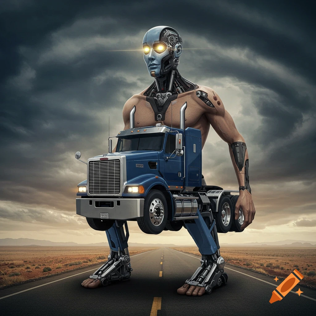 A robot with a truck body stands on a road under a stormy sky.