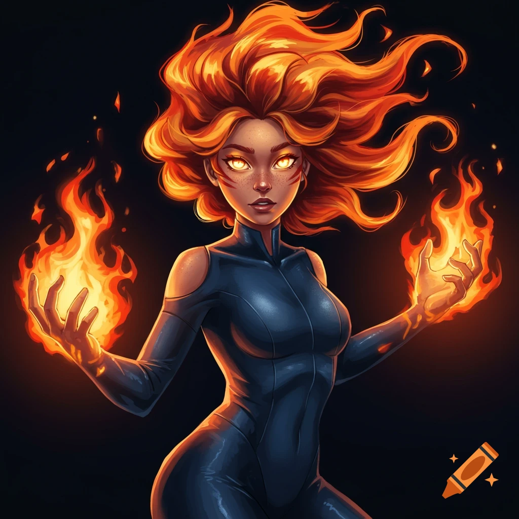 Stylized illustration of a woman with fire hair and powers holding fire.