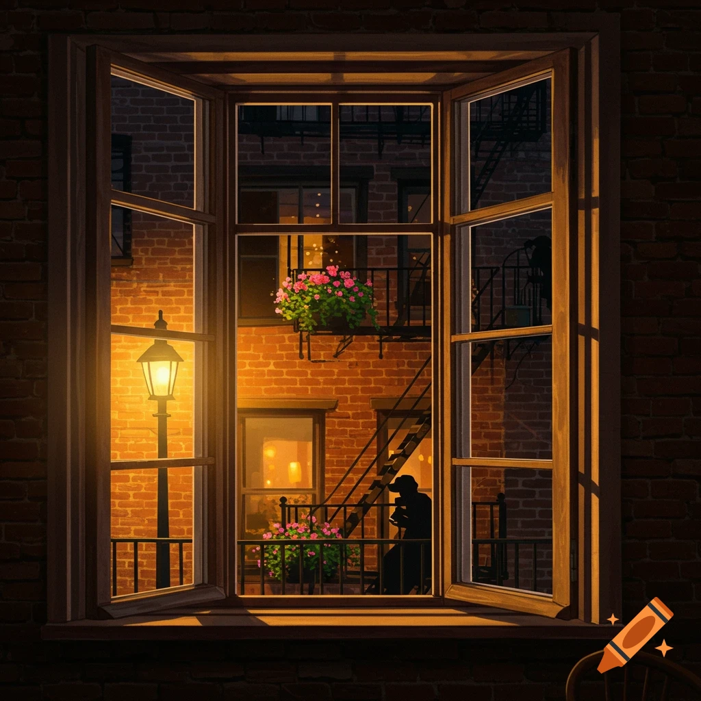 View through an open window at night showing an urban fire escape, lamppost, balcony with flowers, and a silhouetted figure in a brick building.