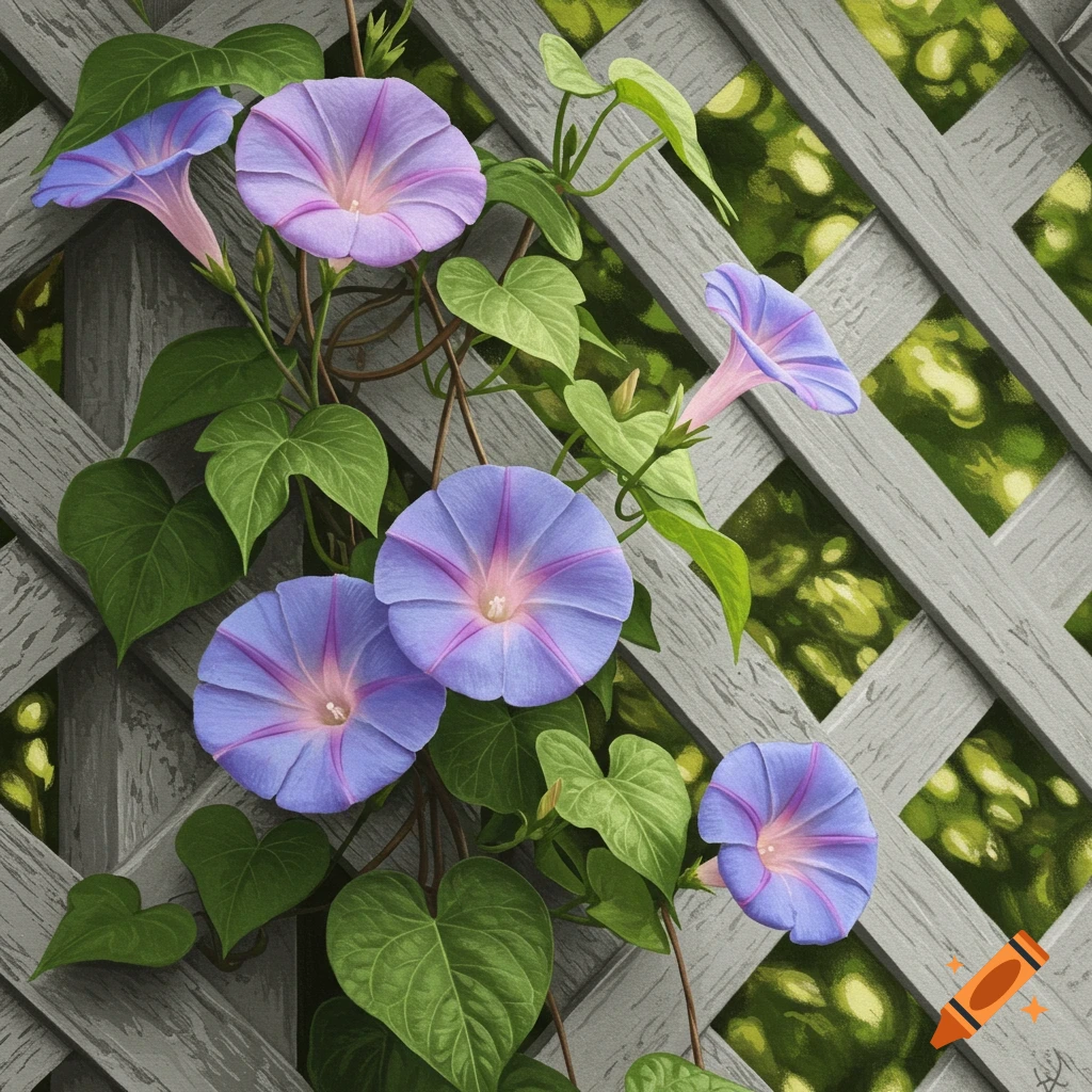 Purple morning glory flowers and green leaves climbing a grey wooden trellis