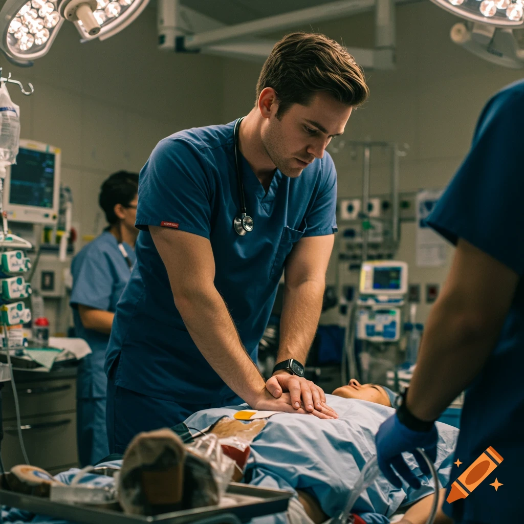 ER nurse attending to patient during cardiac arrest