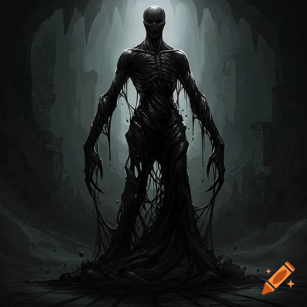 A tall, dark humanoid monster made of black goo stands in a dark, cavernous space.