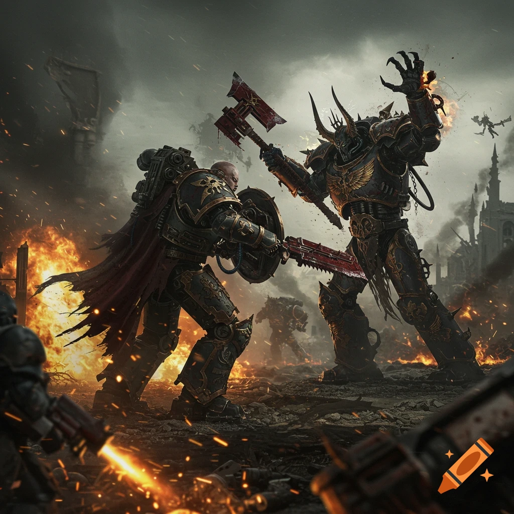 Two armored figures fight with weapons on a burning battlefield, fantasy art style.