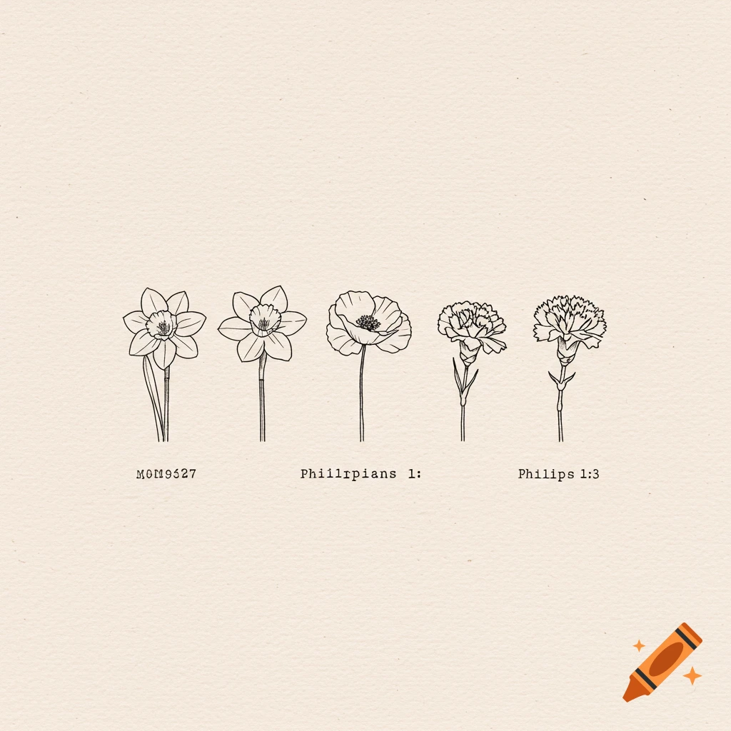 Minimalist line art drawing of five flowers in a row with text below.