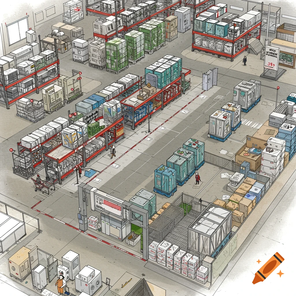 Overhead view illustration of a warehouse floor plan with aisles, shelves, boxes, and stylized figures.