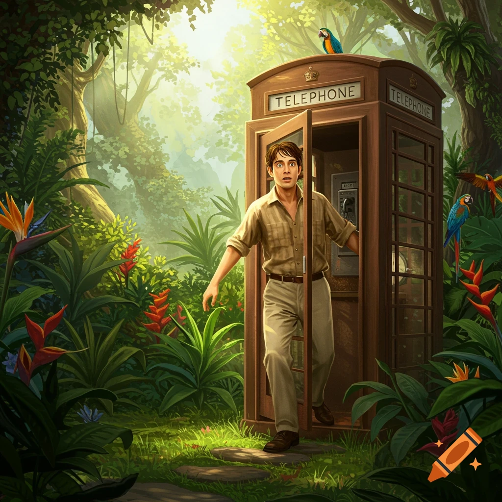 An illustration of a man exiting a telephone booth time machine in a jungle with macaws.