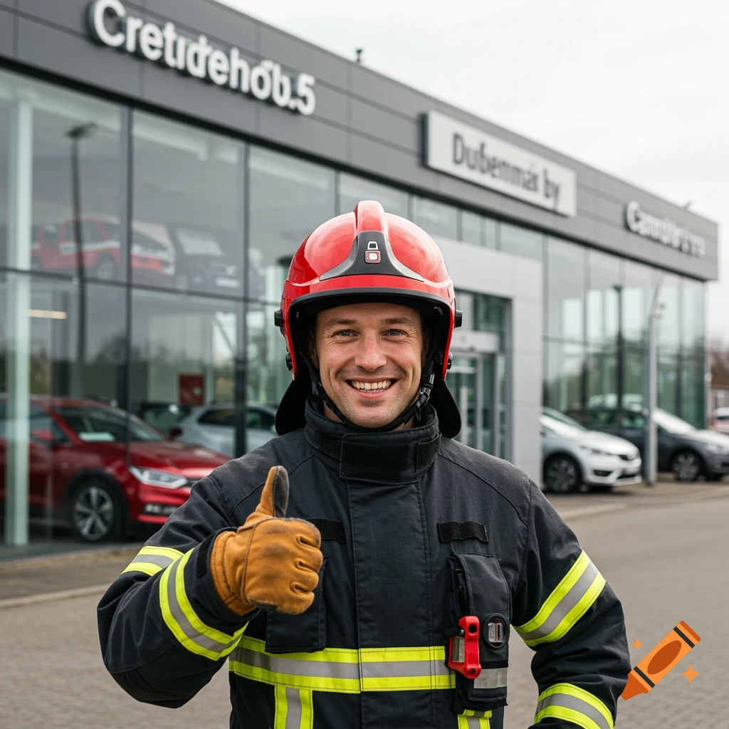 Firefighter giving thumbs up in front of car dealership