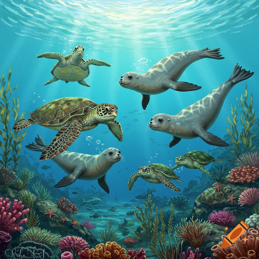 Sea turtles and seals swim underwater in a coral reef