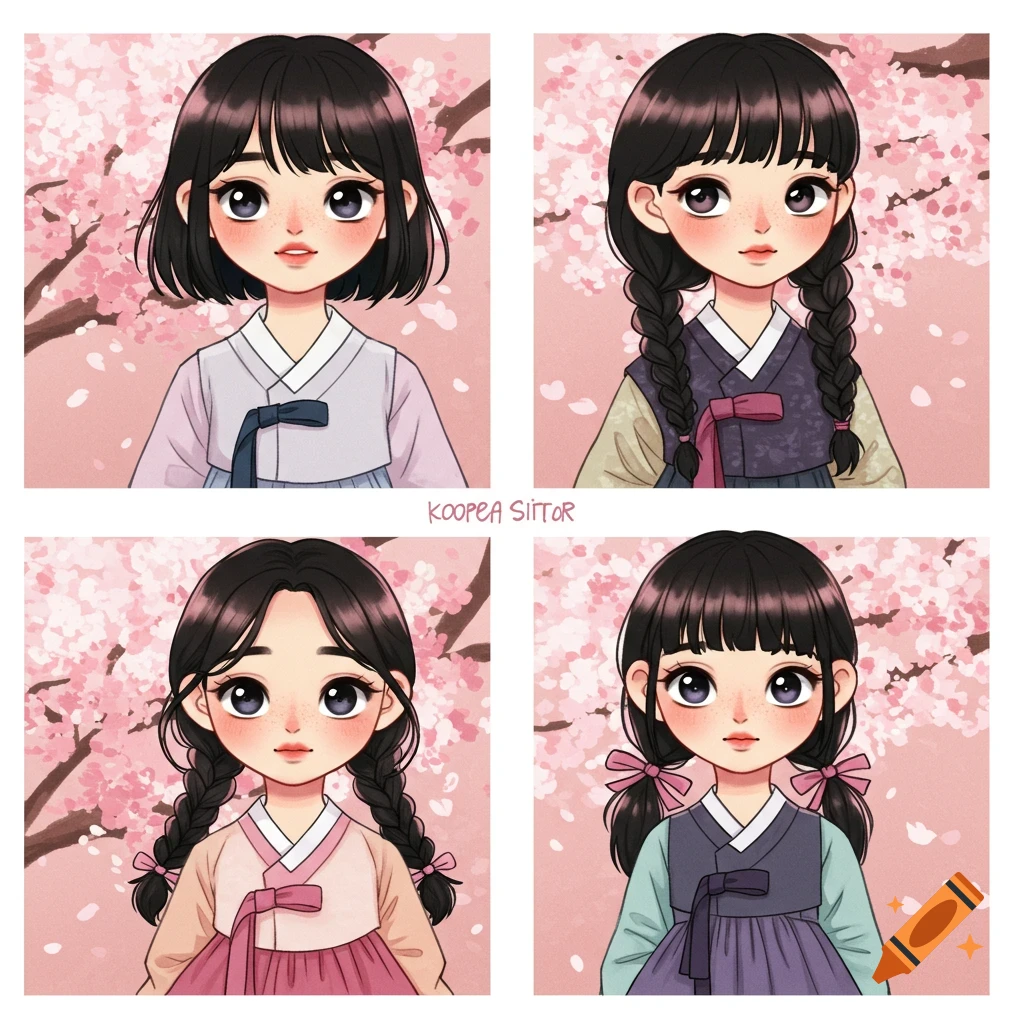 Four cute cartoon girls in Korean traditional dresses (Hanbok) with cherry blossoms background.
