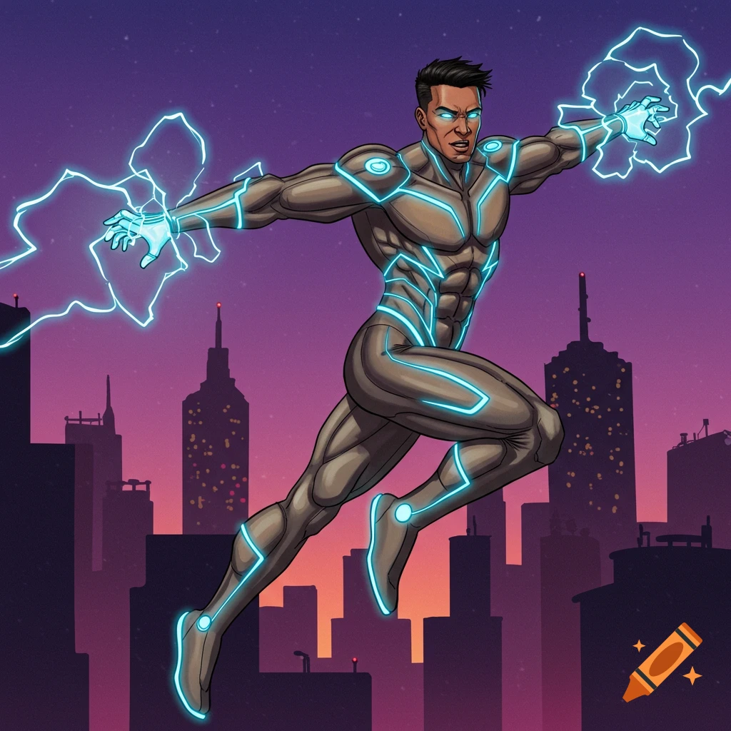 Superhero in a suit flying over a city at night, wielding lightning powers, comic art style.