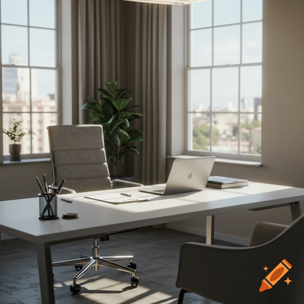 A bright, realistic image of a law office with a desk, chair, laptop, and a view of a city skyline.