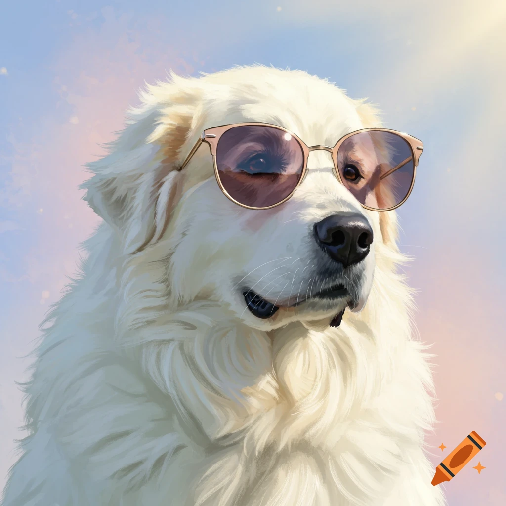 A fluffy white Great Pyrenees dog wearing sunglasses against a soft sky background.