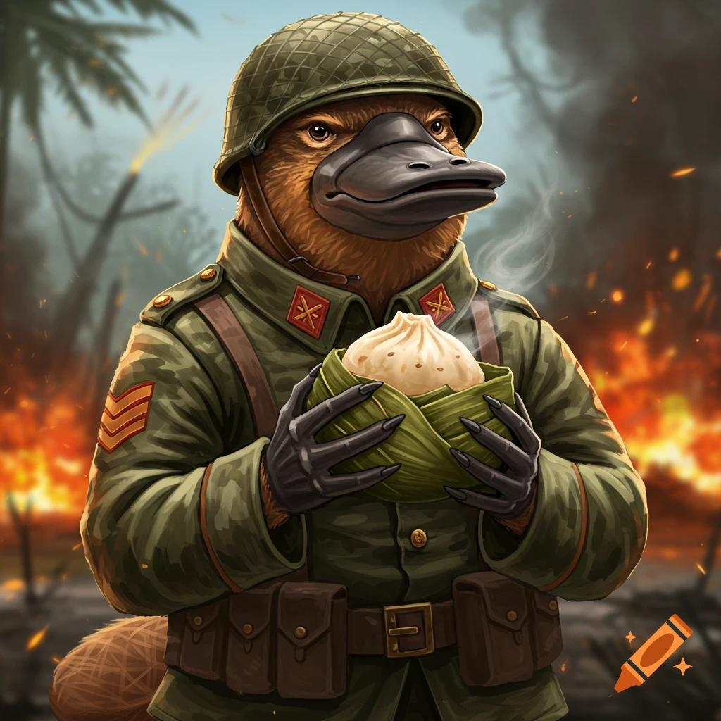 A platypus soldier in uniform holds a steaming dumpling on a battlefield.