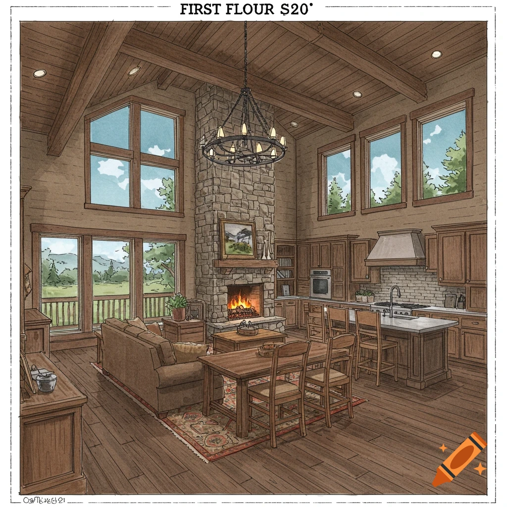 Drawing of a rustic house interior with a fireplace, living area, dining table, and kitchen.