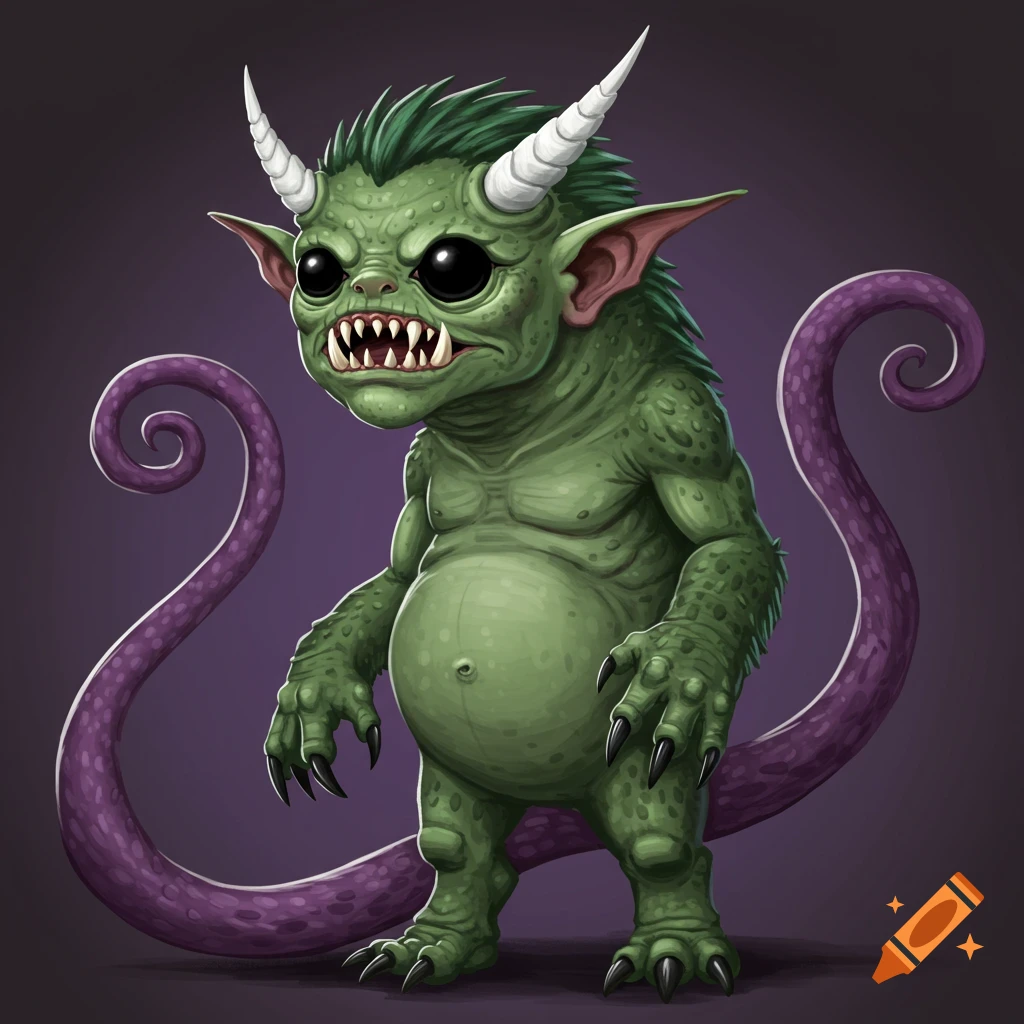 A cartoonish green monster with big eyes, sharp teeth, white horns, and a purple curly tail.
