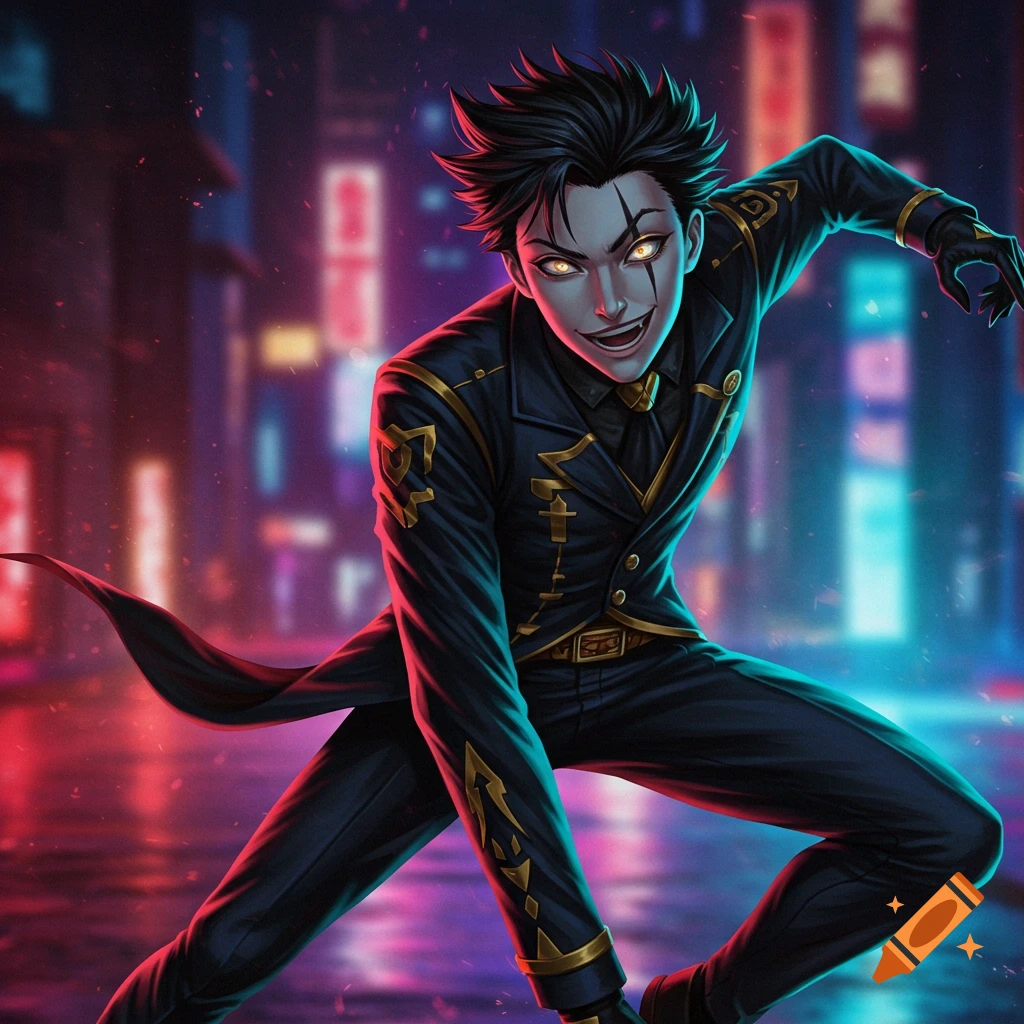 Anime character in a dark suit with glowing eyes poses in a neon-lit city street.