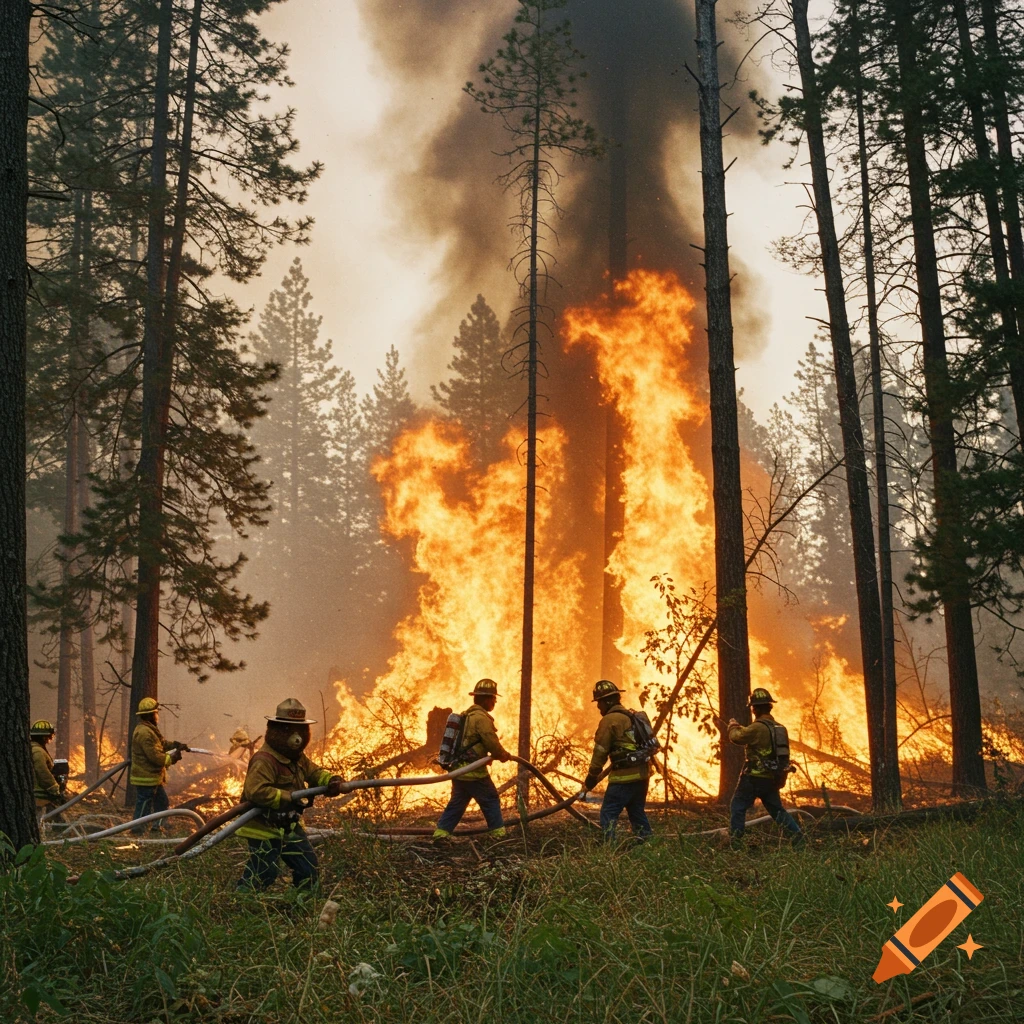 Smokey Bear fighting large wildfire with firefighters
