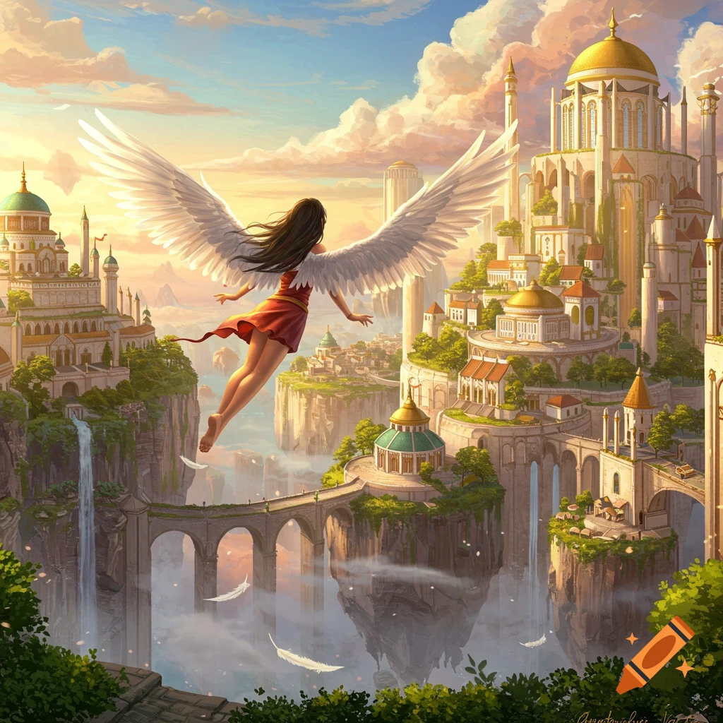A winged person flies over a magnificent fantasy city built on floating islands.