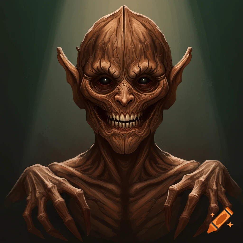 A close-up illustration of a creepy creature with brown, textured skin like walnut, large dark eyes, sharp teeth, and long clawed hands.